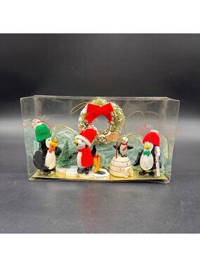 Vintage Christmas Ornaments Penguin Figurine Set In Box Hand Painted Wooden